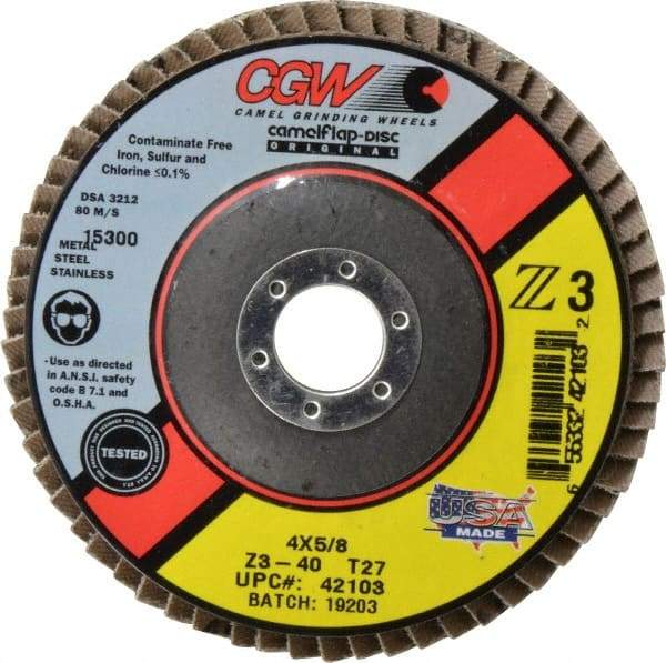 Camel Grinding Wheels - 40 Grit, 4" Disc Diam, 5/8" Center Hole, Type 27 Zirconia Alumina Flap Disc - 15,300 Max RPM, Poly Cotton Backing, Arbor Attaching System, Coated - Exact Tool & Supply