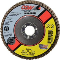 Camel Grinding Wheels - 40 Grit, 4" Disc Diam, 5/8" Center Hole, Type 27 Zirconia Alumina Flap Disc - 15,300 Max RPM, Poly Cotton Backing, Arbor Attaching System, Coated - Exact Tool & Supply