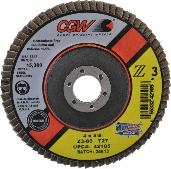 Camel Grinding Wheels - 80 Grit, 4" Disc Diam, 5/8" Center Hole, Type 27 Zirconia Alumina Flap Disc - 15,300 Max RPM, Poly Cotton Backing, Arbor Attaching System, Coated - Exact Tool & Supply