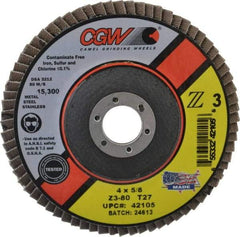 Camel Grinding Wheels - 80 Grit, 4" Disc Diam, 5/8" Center Hole, Type 27 Zirconia Alumina Flap Disc - 15,300 Max RPM, Poly Cotton Backing, Arbor Attaching System, Coated - Exact Tool & Supply