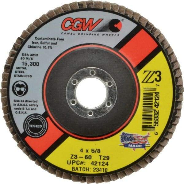 Camel Grinding Wheels - 60 Grit, 4" Disc Diam, 5/8" Center Hole, Type 29 Zirconia Alumina Flap Disc - 15,300 Max RPM, Poly Cotton Backing, Arbor Attaching System, Coated - Exact Tool & Supply