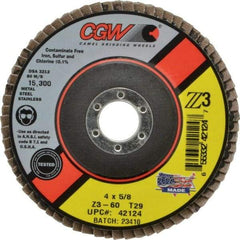 Camel Grinding Wheels - 60 Grit, 4" Disc Diam, 5/8" Center Hole, Type 29 Zirconia Alumina Flap Disc - 15,300 Max RPM, Poly Cotton Backing, Arbor Attaching System, Coated - Exact Tool & Supply