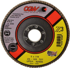 Camel Grinding Wheels - 120 Grit, 5" Disc Diam, 7/8" Center Hole, Type 27 Zirconia Alumina Flap Disc - 12,200 Max RPM, Poly Cotton Backing, Arbor Attaching System, Coated - Exact Tool & Supply