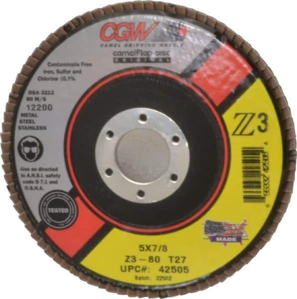 Camel Grinding Wheels - 80 Grit, 5" Disc Diam, 7/8" Center Hole, Type 27 Zirconia Alumina Flap Disc - 12,200 Max RPM, Poly Cotton Backing, Arbor Attaching System, Coated - Exact Tool & Supply