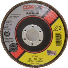 Camel Grinding Wheels - 80 Grit, 5" Disc Diam, 7/8" Center Hole, Type 27 Zirconia Alumina Flap Disc - 12,200 Max RPM, Poly Cotton Backing, Arbor Attaching System, Coated - Exact Tool & Supply