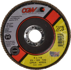 Camel Grinding Wheels - 120 Grit, 5" Disc Diam, 7/8" Center Hole, Type 29 Zirconia Alumina Flap Disc - 12,200 Max RPM, Poly Cotton Backing, Arbor Attaching System, Coated - Exact Tool & Supply