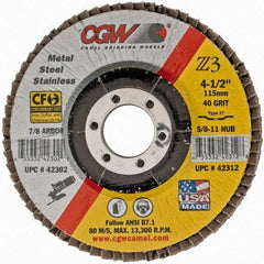 Camel Grinding Wheels - 40 Grit, 4-1/2" Disc Diam, 7/8" Center Hole, Type 27 Zirconia Alumina Flap Disc - 13,300 Max RPM, Poly Cotton Backing, Arbor Attaching System, Coated - Exact Tool & Supply