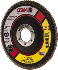Camel Grinding Wheels - 120 Grit, 4-1/2" Disc Diam, 7/8" Center Hole, Type 29 Zirconia Alumina Flap Disc - 13,300 Max RPM, Poly Cotton Backing, Arbor Attaching System, Coated - Exact Tool & Supply