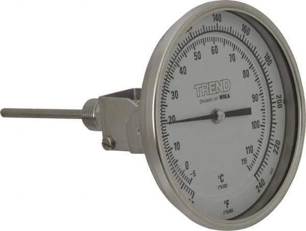 Wika - 4 Inch Long Stem, 5 Inch Dial Diameter, Stainless Steel, Adjustable Angle Bi-Metal Thermometer - -5 to 115°C, 1% Accuracy - Exact Tool & Supply