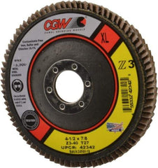 Camel Grinding Wheels - 40 Grit, 4-1/2" Disc Diam, 7/8" Center Hole, Type 27 Zirconia Alumina Flap Disc - 13,300 Max RPM, Poly Cotton Backing, Arbor Attaching System, Coated - Exact Tool & Supply