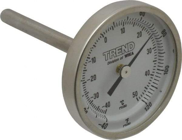 Wika - 2-1/2 Inch Long Stem, 2 Inch Dial Diameter, Stainless Steel, Back Connected Bi-Metal Thermometer - -40 to 50°C, 1% Accuracy - Exact Tool & Supply