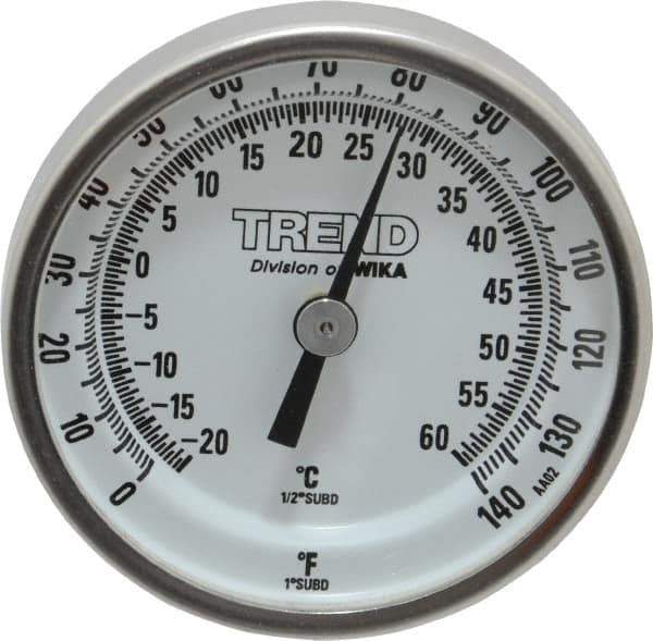 Wika - 2-1/2 Inch Long Stem, 2 Inch Dial Diameter, Stainless Steel, Back Connected Bi-Metal Thermometer - -20 to 60°C, 1% Accuracy - Exact Tool & Supply