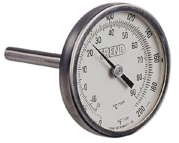 Wika - 4 Inch Long Stem, 2 Inch Dial Diameter, Stainless Steel, Back Connected Bi-Metal Thermometer - -5 to 115°C, 1% Accuracy - Exact Tool & Supply