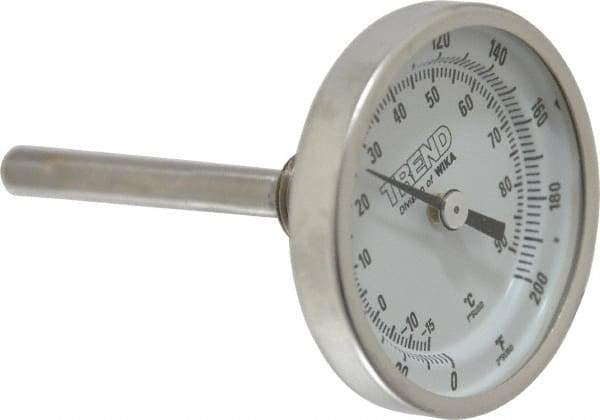 Wika - 2-1/2 Inch Long Stem, 2 Inch Dial Diameter, Stainless Steel, Back Connected Bi-Metal Thermometer - -15 to 90°C, 1% Accuracy - Exact Tool & Supply