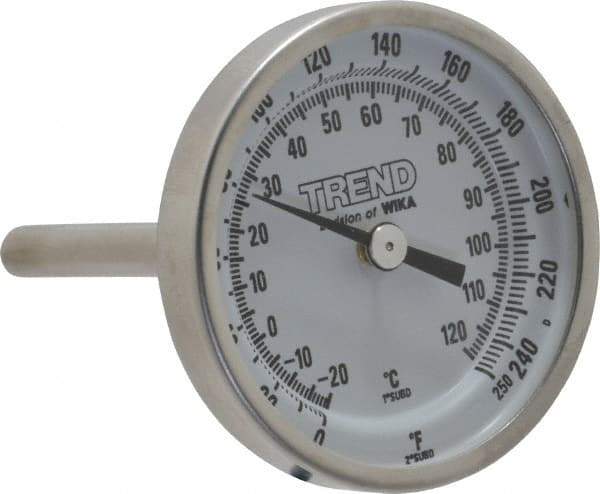 Wika - 2-1/2 Inch Long Stem, 2 Inch Dial Diameter, Stainless Steel, Back Connected Bi-Metal Thermometer - -20 to 120°C, 1% Accuracy - Exact Tool & Supply
