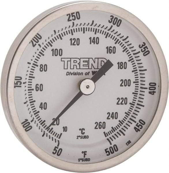 Wika - 2-1/2 Inch Long Stem, 2 Inch Dial Diameter, Stainless Steel, Back Connected Bi-Metal Thermometer - 10 to 260°C, 1% Accuracy - Exact Tool & Supply