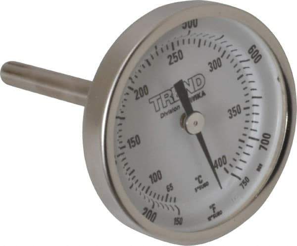 Wika - 2-1/2 Inch Long Stem, 2 Inch Dial Diameter, Stainless Steel, Back Connected Bi-Metal Thermometer - 65 to 400°C, 1% Accuracy - Exact Tool & Supply