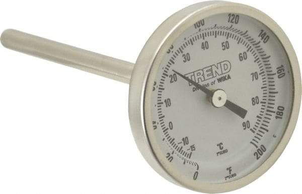 Wika - 4 Inch Long Stem, 2 Inch Dial Diameter, Stainless Steel, Back Connected Bi-Metal Thermometer - -15 to 90°C, 1% Accuracy - Exact Tool & Supply