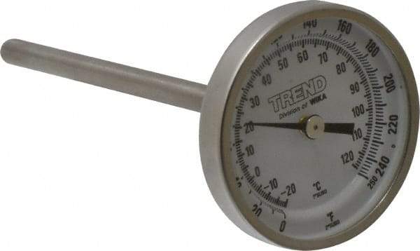 Wika - 4 Inch Long Stem, 2 Inch Dial Diameter, Stainless Steel, Back Connected Bi-Metal Thermometer - -20 to 120°C, 1% Accuracy - Exact Tool & Supply