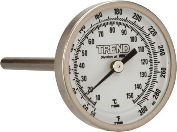 Wika - 4 Inch Long Stem, 2 Inch Dial Diameter, Stainless Steel, Back Connected Bi-Metal Thermometer - 10 to 150°C, 1% Accuracy - Exact Tool & Supply