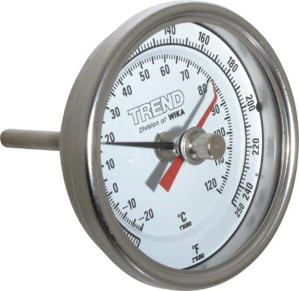 Wika - 2-1/2 Inch Long Stem, 3 Inch Dial Diameter, Stainless Steel, Back Connected Bi-Metal Thermometer - -20 to 120°C, 1% Accuracy - Exact Tool & Supply
