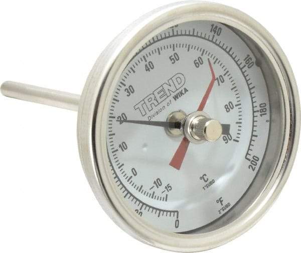 Wika - 4 Inch Long Stem, 3 Inch Dial Diameter, Stainless Steel, Back Connected Bi-Metal Thermometer - -15 to 90°C, 1% Accuracy - Exact Tool & Supply
