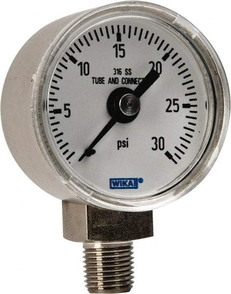 Wika - 1-1/2" Dial, 1/8 Thread, 0-30 Scale Range, Pressure Gauge - Lower Connection Mount, Accurate to 2.5% of Scale - Exact Tool & Supply