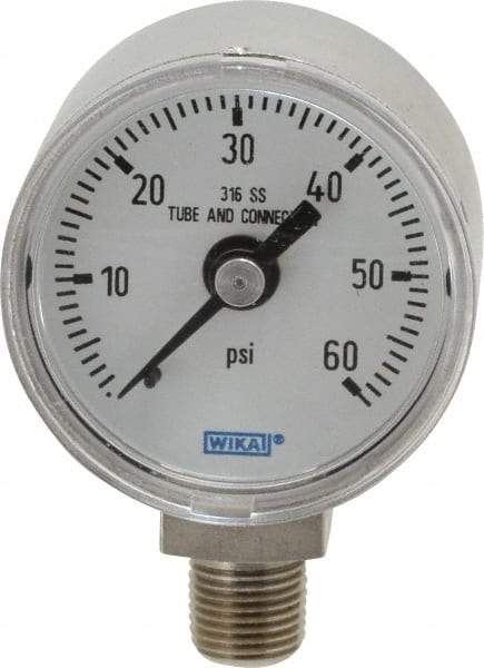 Wika - 1-1/2" Dial, 1/8 Thread, 0-60 Scale Range, Pressure Gauge - Lower Connection Mount, Accurate to 2.5% of Scale - Exact Tool & Supply