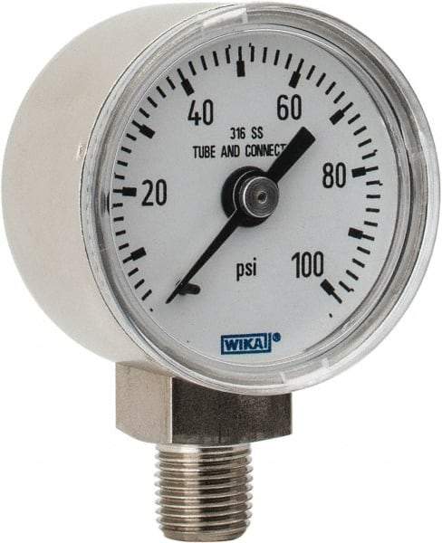 Wika - 1-1/2" Dial, 1/8 Thread, 0-100 Scale Range, Pressure Gauge - Lower Connection Mount, Accurate to 2.5% of Scale - Exact Tool & Supply