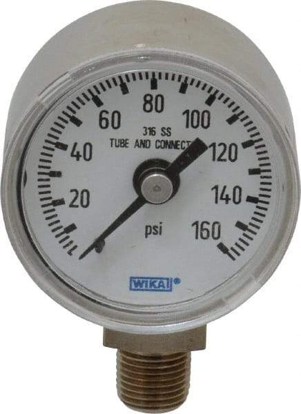 Wika - 1-1/2" Dial, 1/8 Thread, 0-160 Scale Range, Pressure Gauge - Lower Connection Mount, Accurate to 2.5% of Scale - Exact Tool & Supply