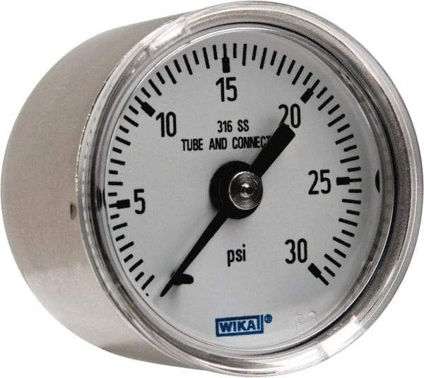 Wika - 1-1/2" Dial, 1/8 Thread, 0-30 Scale Range, Pressure Gauge - Center Back Connection Mount, Accurate to 2.5% of Scale - Exact Tool & Supply