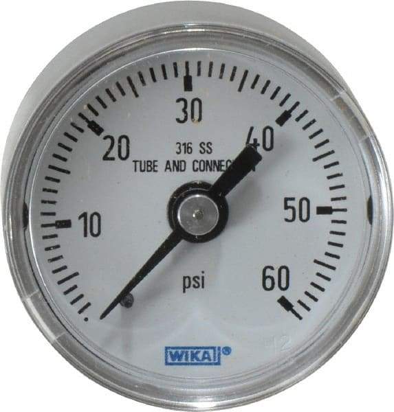 Wika - 1-1/2" Dial, 1/8 Thread, 0-60 Scale Range, Pressure Gauge - Center Back Connection Mount, Accurate to 2.5% of Scale - Exact Tool & Supply