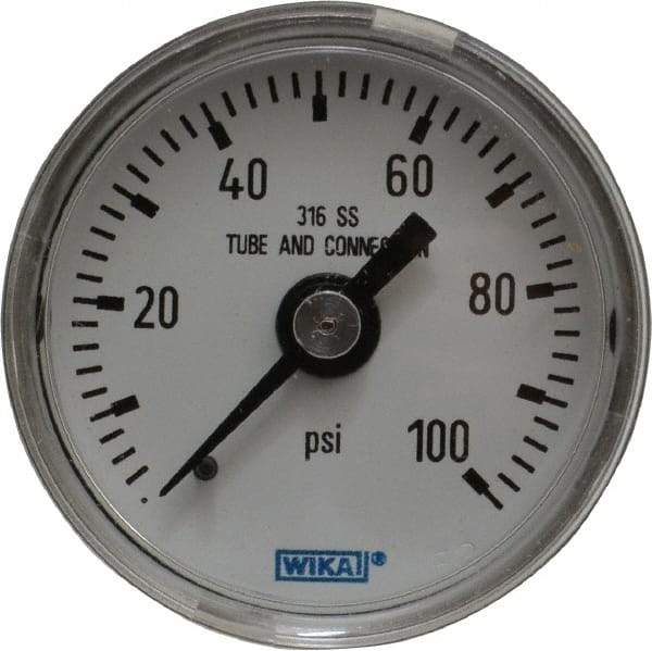 Wika - 1-1/2" Dial, 1/8 Thread, 0-100 Scale Range, Pressure Gauge - Center Back Connection Mount, Accurate to 2.5% of Scale - Exact Tool & Supply