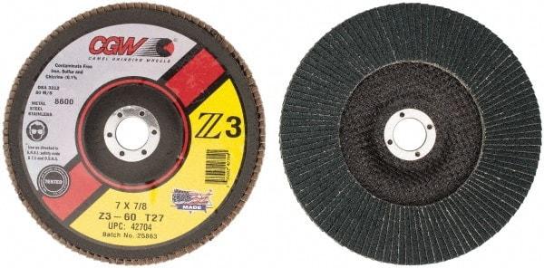 Camel Grinding Wheels - 60 Grit, 7" Disc Diam, 7/8" Center Hole, Type 27 Zirconia Alumina Flap Disc - 8,600 Max RPM, Poly Cotton Backing, Arbor Attaching System, Coated - Exact Tool & Supply