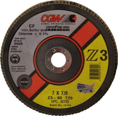 Camel Grinding Wheels - 80 Grit, 7" Disc Diam, 7/8" Center Hole, Type 29 Zirconia Alumina Flap Disc - 8,600 Max RPM, Poly Cotton Backing, Arbor Attaching System, Coated - Exact Tool & Supply