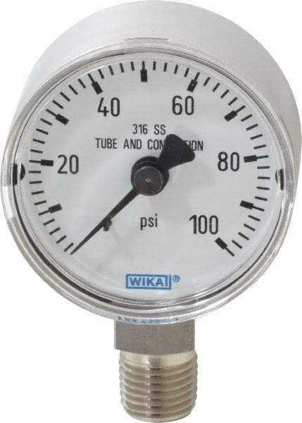 Wika - 2" Dial, 1/4 Thread, 0-100 Scale Range, Pressure Gauge - Lower Connection Mount, Accurate to 2.5% of Scale - Exact Tool & Supply