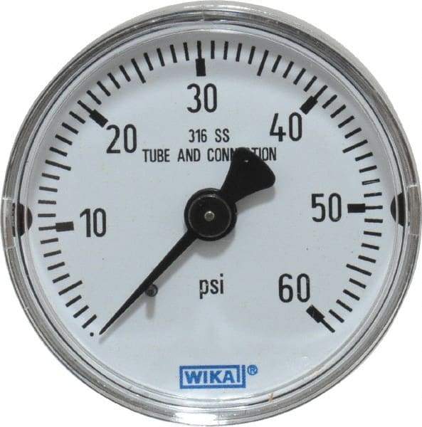 Wika - 2" Dial, 1/4 Thread, 0-60 Scale Range, Pressure Gauge - Center Back Connection Mount, Accurate to 2.5% of Scale - Exact Tool & Supply