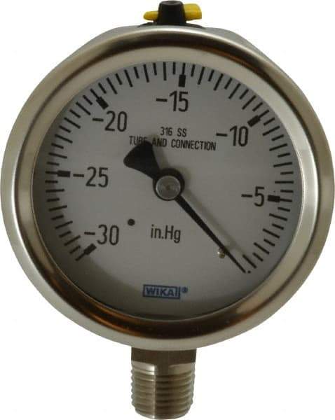 Wika - 2-1/2" Dial, 1/4 Thread, 30-0 Scale Range, Pressure Gauge - Lower Connection Mount, Accurate to 1.5% of Scale - Exact Tool & Supply
