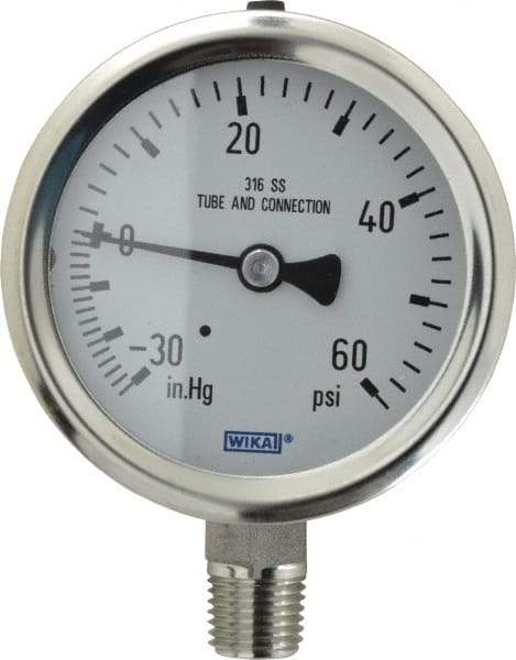 Wika - 2-1/2" Dial, 1/4 Thread, 30-0-60 Scale Range, Pressure Gauge - Lower Connection Mount, Accurate to 1.5% of Scale - Exact Tool & Supply