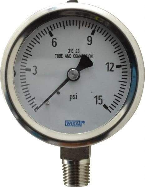 Wika - 2-1/2" Dial, 1/4 Thread, 0-15 Scale Range, Pressure Gauge - Lower Connection Mount, Accurate to 1.5% of Scale - Exact Tool & Supply