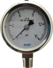 Wika - 2-1/2" Dial, 1/4 Thread, 0-15 Scale Range, Pressure Gauge - Lower Connection Mount, Accurate to 1.5% of Scale - Exact Tool & Supply