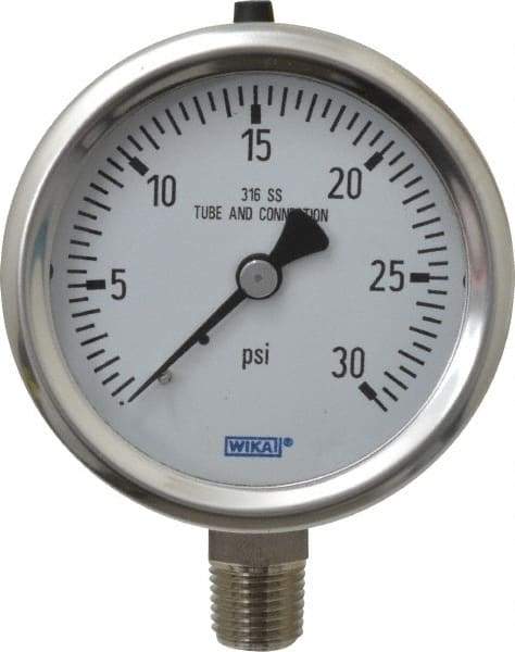 Wika - 2-1/2" Dial, 1/4 Thread, 0-30 Scale Range, Pressure Gauge - Lower Connection Mount, Accurate to 1.5% of Scale - Exact Tool & Supply
