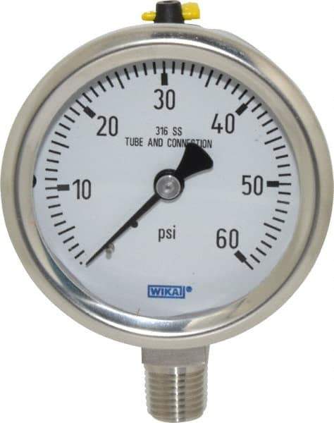 Wika - 2-1/2" Dial, 1/4 Thread, 0-60 Scale Range, Pressure Gauge - Lower Connection Mount, Accurate to 1.5% of Scale - Exact Tool & Supply