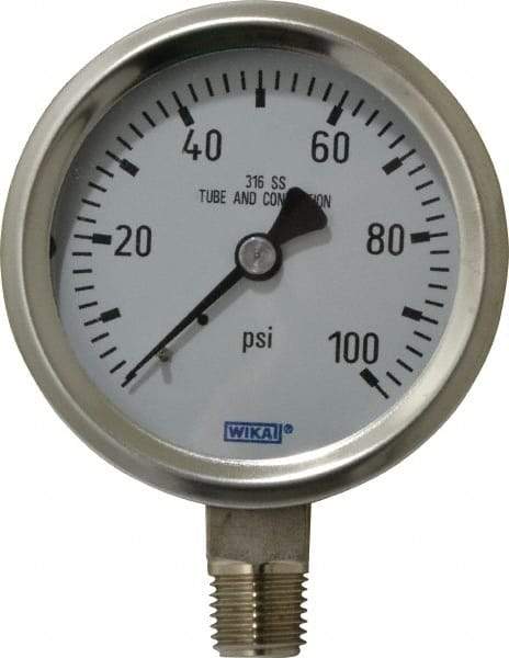 Wika - 2-1/2" Dial, 1/4 Thread, 0-100 Scale Range, Pressure Gauge - Lower Connection Mount, Accurate to 1.5% of Scale - Exact Tool & Supply