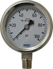 Wika - 2-1/2" Dial, 1/4 Thread, 0-100 Scale Range, Pressure Gauge - Lower Connection Mount, Accurate to 1.5% of Scale - Exact Tool & Supply