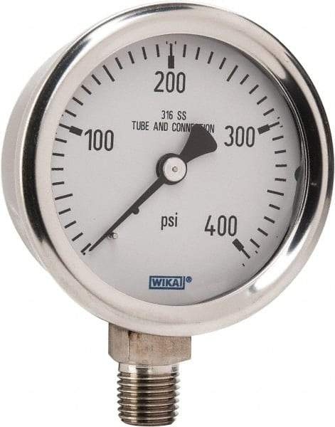 Wika - 2-1/2" Dial, 1/4 Thread, 0-400 Scale Range, Pressure Gauge - Lower Connection Mount, Accurate to 1.5% of Scale - Exact Tool & Supply