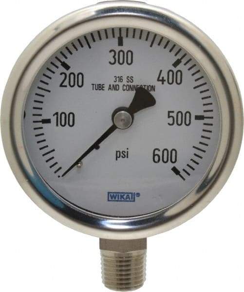 Wika - 2-1/2" Dial, 1/4 Thread, 0-600 Scale Range, Pressure Gauge - Lower Connection Mount, Accurate to 1.5% of Scale - Exact Tool & Supply