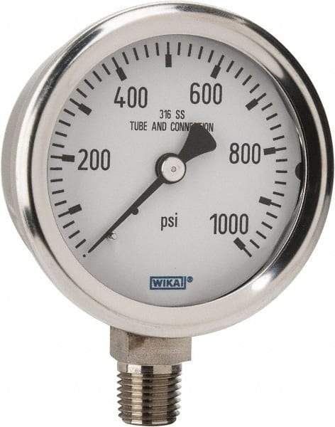 Wika - 2-1/2" Dial, 1/4 Thread, 0-1,000 Scale Range, Pressure Gauge - Lower Connection Mount, Accurate to 1.5% of Scale - Exact Tool & Supply
