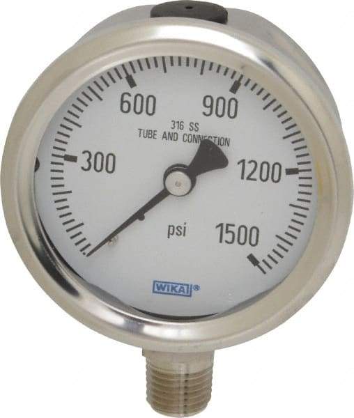 Wika - 2-1/2" Dial, 1/4 Thread, 0-1,500 Scale Range, Pressure Gauge - Lower Connection Mount, Accurate to 1.5% of Scale - Exact Tool & Supply