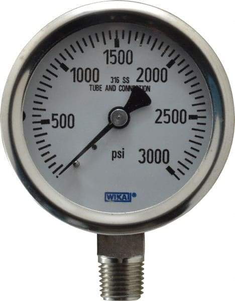 Wika - 2-1/2" Dial, 1/4 Thread, 0-3,000 Scale Range, Pressure Gauge - Lower Connection Mount, Accurate to 1.5% of Scale - Exact Tool & Supply